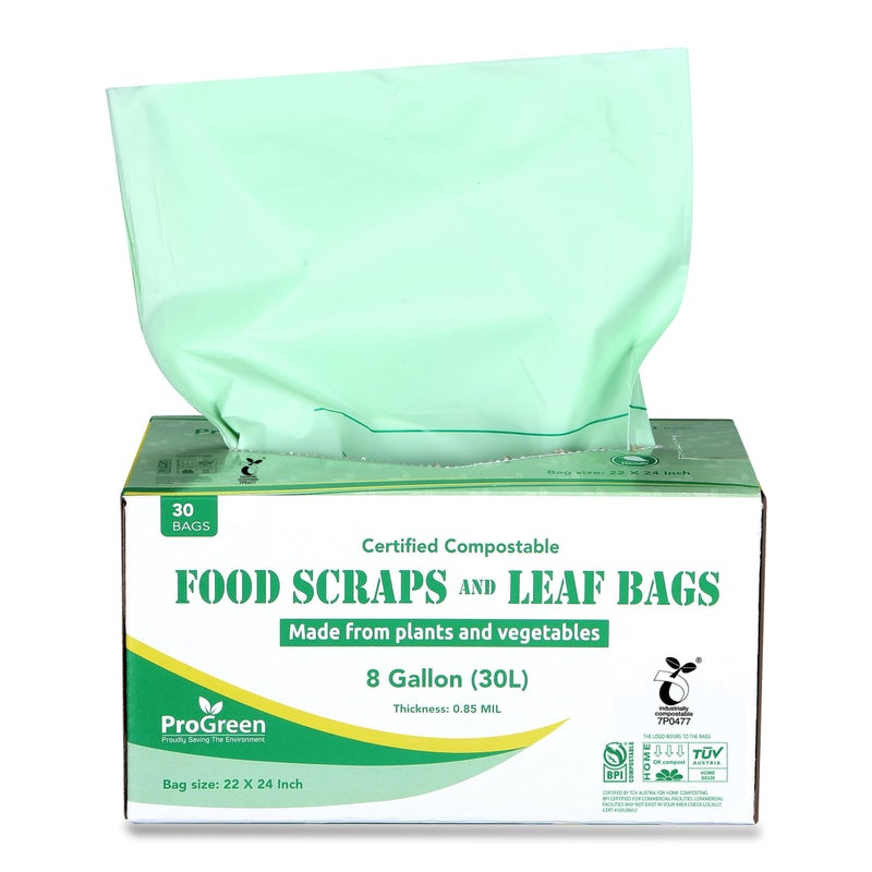 ProGreen Compostable Trash Bags, Extra Thick, Compost Kitchen Bin Bags, Food Scraps Yard Waste Bags, ASTM D6400 BPI and TÃœV AUSTRIA Certified (8 Gallon, Pack of 30) - Image 1